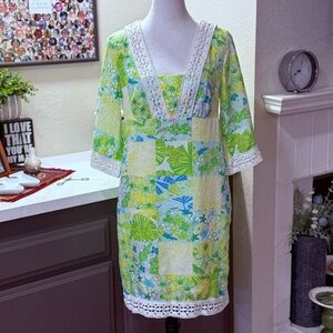 Lilly Pulitzer Sherman Linen Tunic Dress Green Blue Pink Gator Patch Small EUC